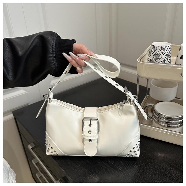 Retro Distressed Faux Leather Shoulder Bag for Women, Biker Style Rivet Pin Closure Clutch, Trendy Baguette Crossbody Handbag CLE