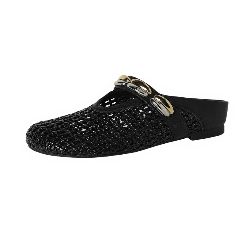 Fashion Women's New Genuine Leather Cowhide Middle Heel Woven Round Head Metal Belt Buckle Breathable Hole Baotou Mueller Slippers