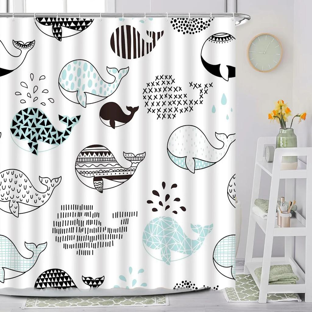 Lustiger Fisch Duschvorhang, Cartoon Ozean Handgemalt Blau Kinder Niedliches Tier Wal Druck Stoff Badezimmer Dekoration mit Haken