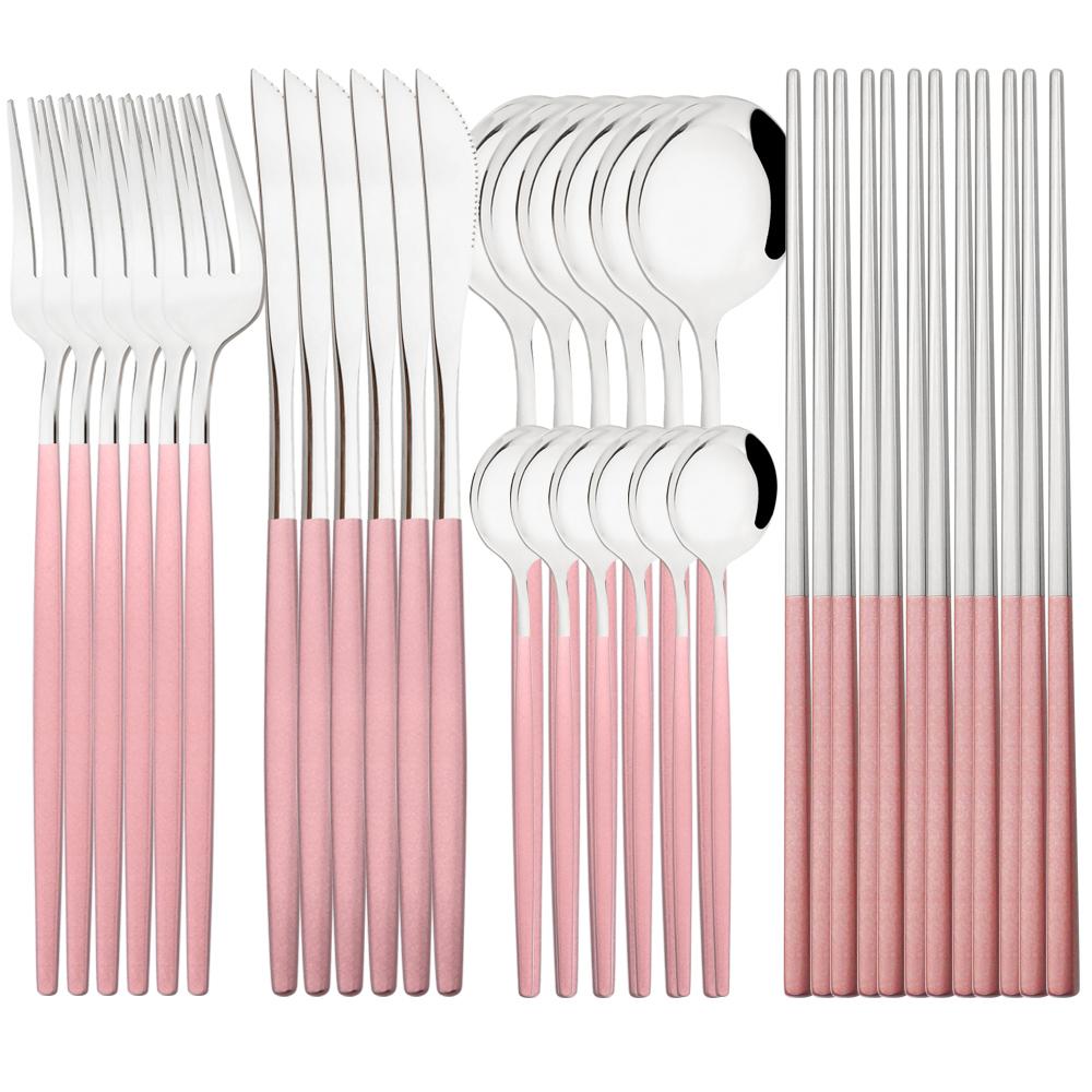 Jankng Western 30Pcs Dinnerware Knife Fork Spoons Chopsticks Cutlery Set High Quality Stainless Steel Set Kitchen Tableware Set