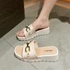 Summer High-heeled Cool Slippers for Women Fashionable Thick Soled Flat Drag Home Anti Slip Simple Gold Buckle