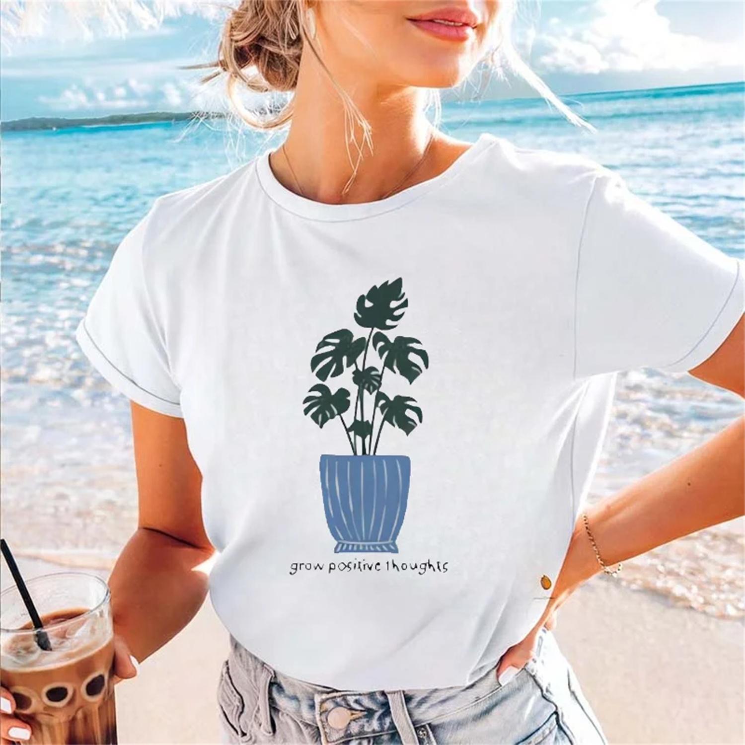 Women s Short Sleeved Plant Pot Printed T-Shirt Basic Clothing Watercolor Painting Sweet Women s Fashion Street New T-Shirt S