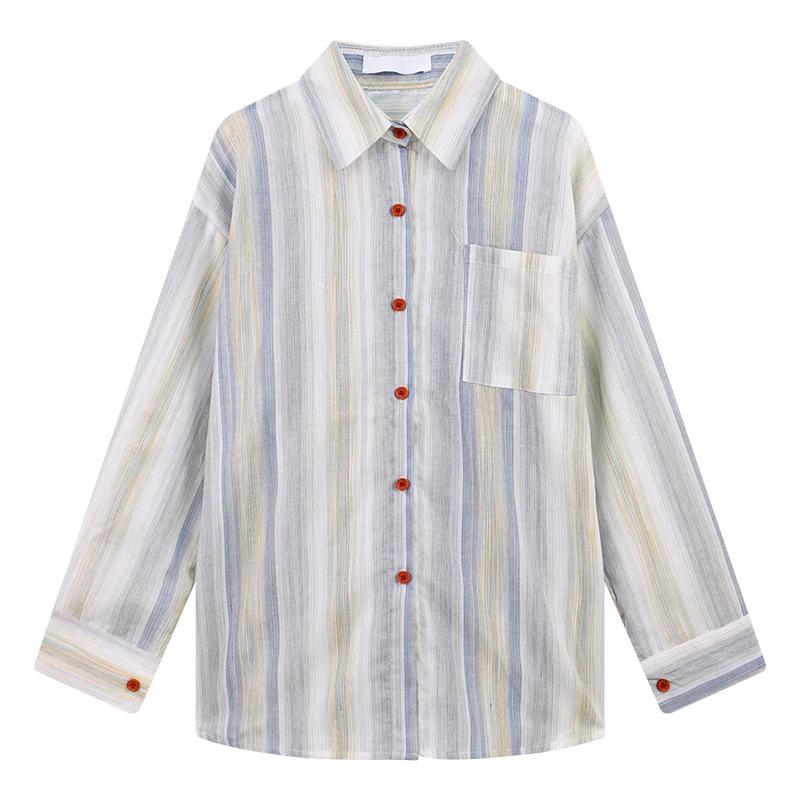 

Женская ретро полосатая льняная рубашка - Весна/Осень 2024 Тонкое пальто для защиты от солнца M