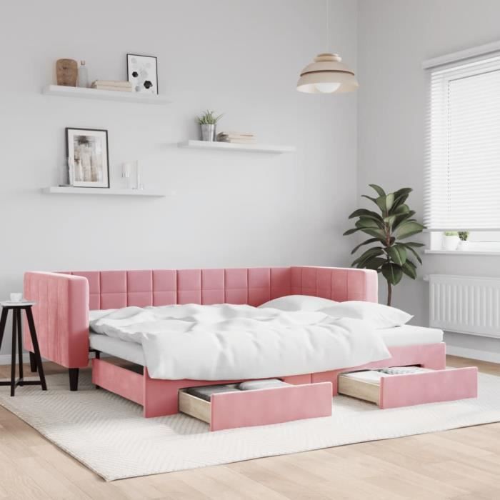 VidaXL Lit de jour avec gigogne et tiroirs rose 90x200 cm velours 3196742