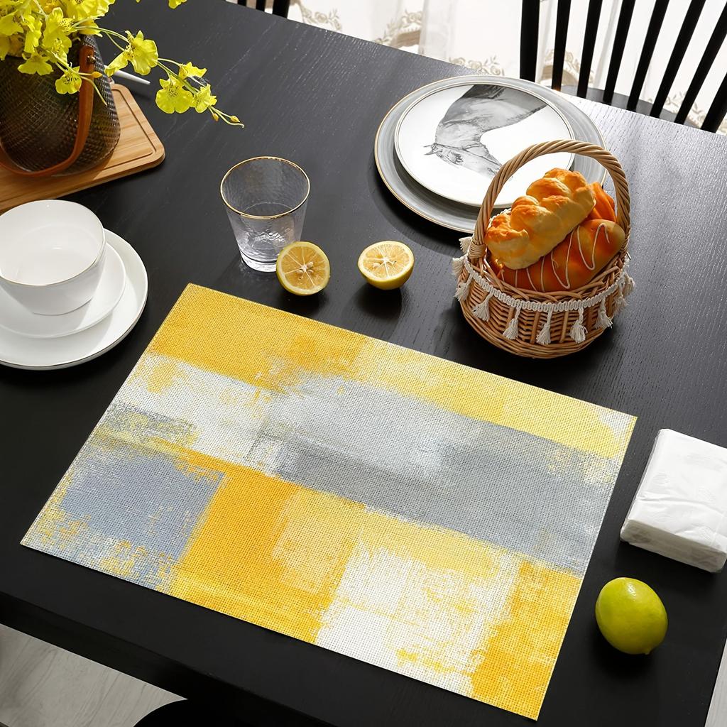 4PC Linen Placemats, Modern Abstract Art Design In Grey, White, and Yellow, Woven Rectangular Table Mats for Home