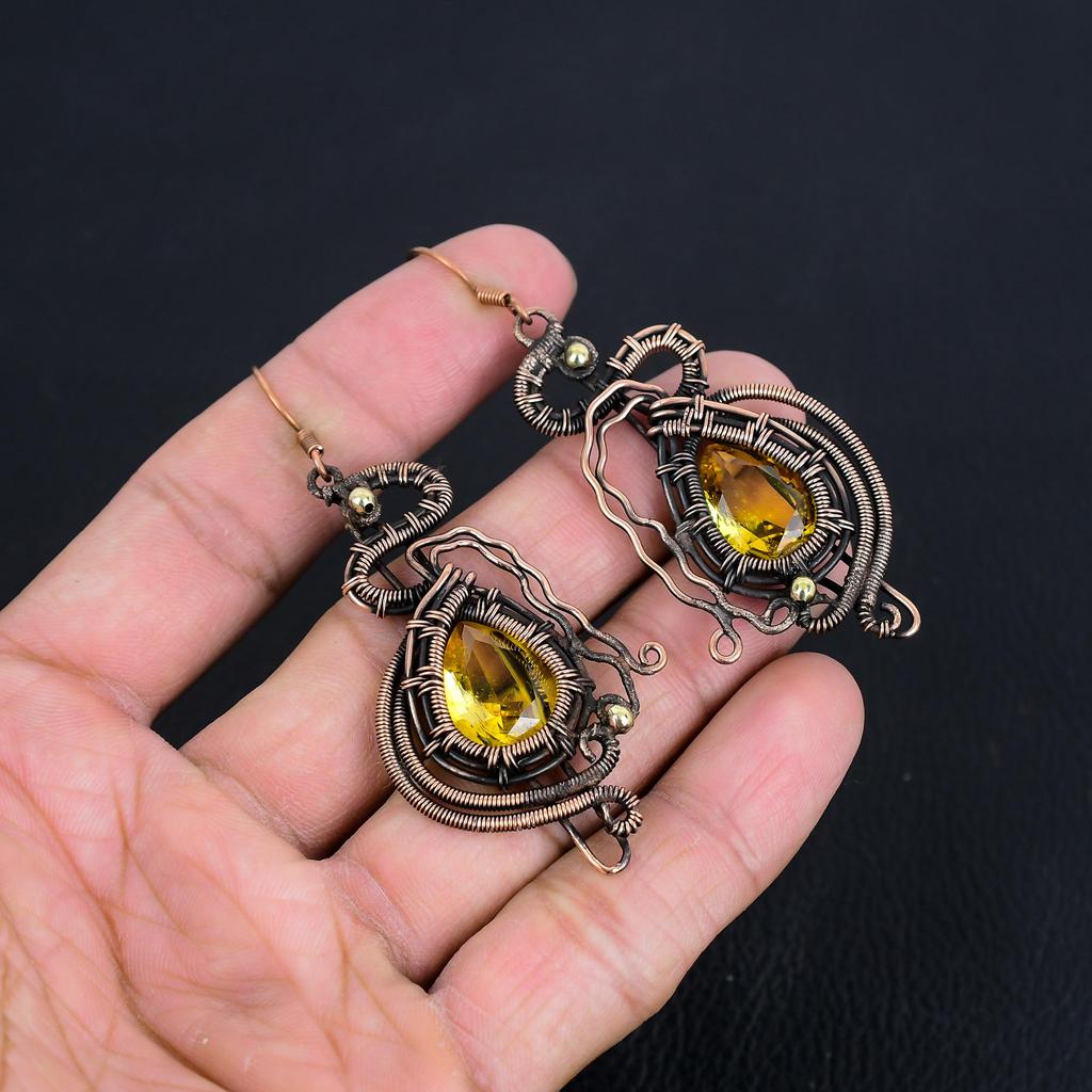 Citrine Earrings, 999 Copper Wire Wrapped Gemstone Jewelry, Handmade Earrings, For Thanksgiving