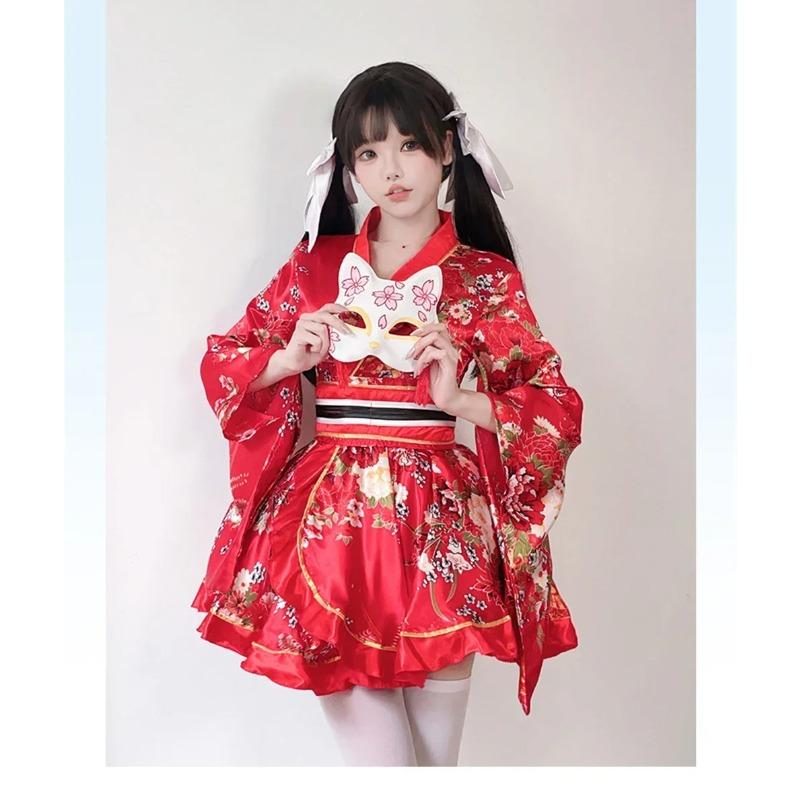 Japanese Yukata Robes Kawaii Girls Floral Printed Haori Suit Lovely Lolita Dress Women Maid Cosplay Costume Halloween