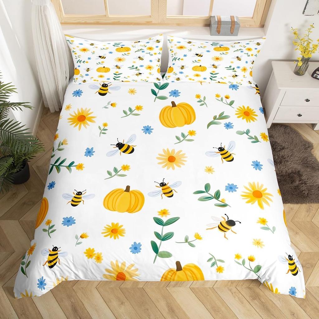 Cute Honeybee Duvet Cover Twin Queen Spring Garden Bedding Set Geometric Honeycomb Hexagon Comforter Cover Wild Animal Bed Set
