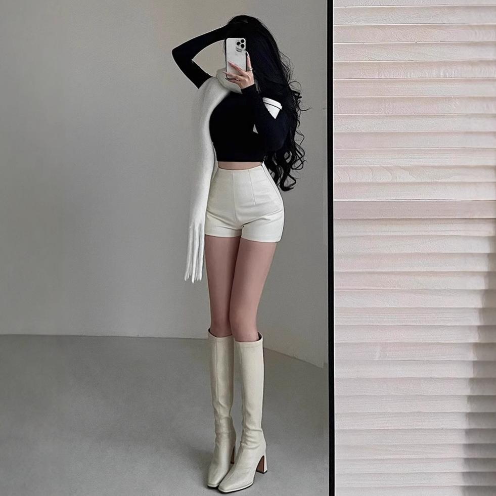 Damen Frühling Sommer Hohe Taille Schlankmachend Sexy Y2K Schwarz Oberbekleidung Gerade Beine PU-Leder Bodycon Shorts Mini-Shorts