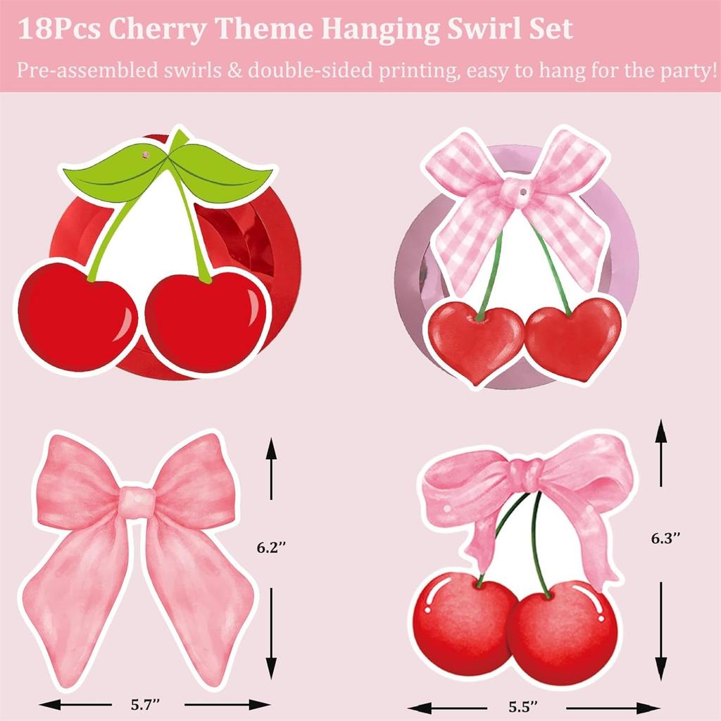 Cherry Birthday Party Decorations Red Pink Cherry Bow Hanging Swirl Garland for Girls Baby Shower She's the Cherry On Top Theme Party Decor