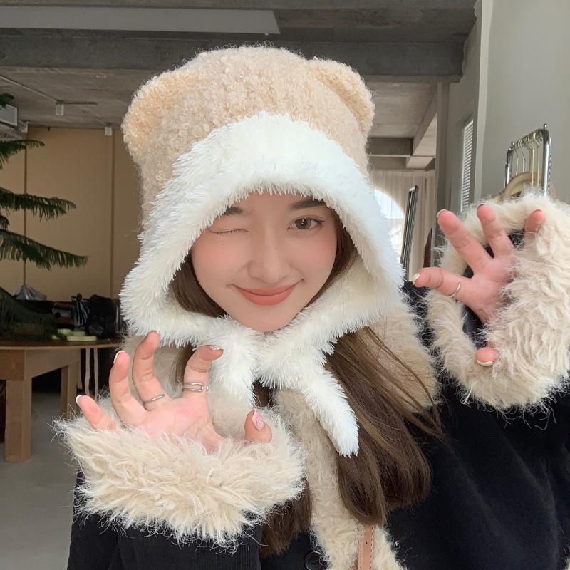 Hat Female Winter Sweet Cute Bear Lace-up To Keep Warm Thickened Bag Head Wool Hat Shows Small Face Big Head Circumference Knitting