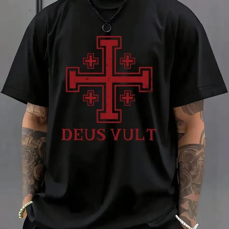 Mens Deus Vult Jerusalem Cross Medieval Crusader Graphic Tshirt Casual Short Sleeve Crew Neck Historical Faith Streetwear Tee