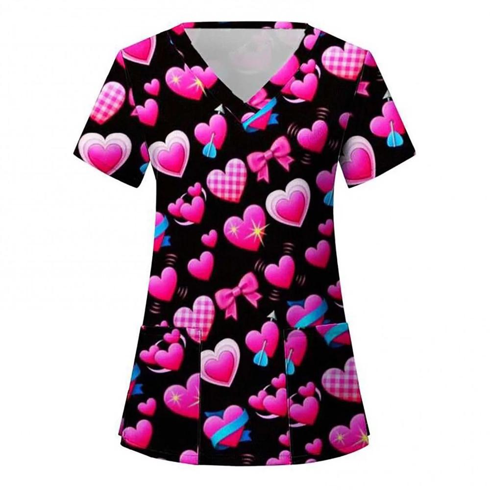 Women Valentines Day Ladies Nurse Uniform Love Print Gradient Short Sleeve Pocket Work Shirt Tunics Carer Medical Nursing Blouse