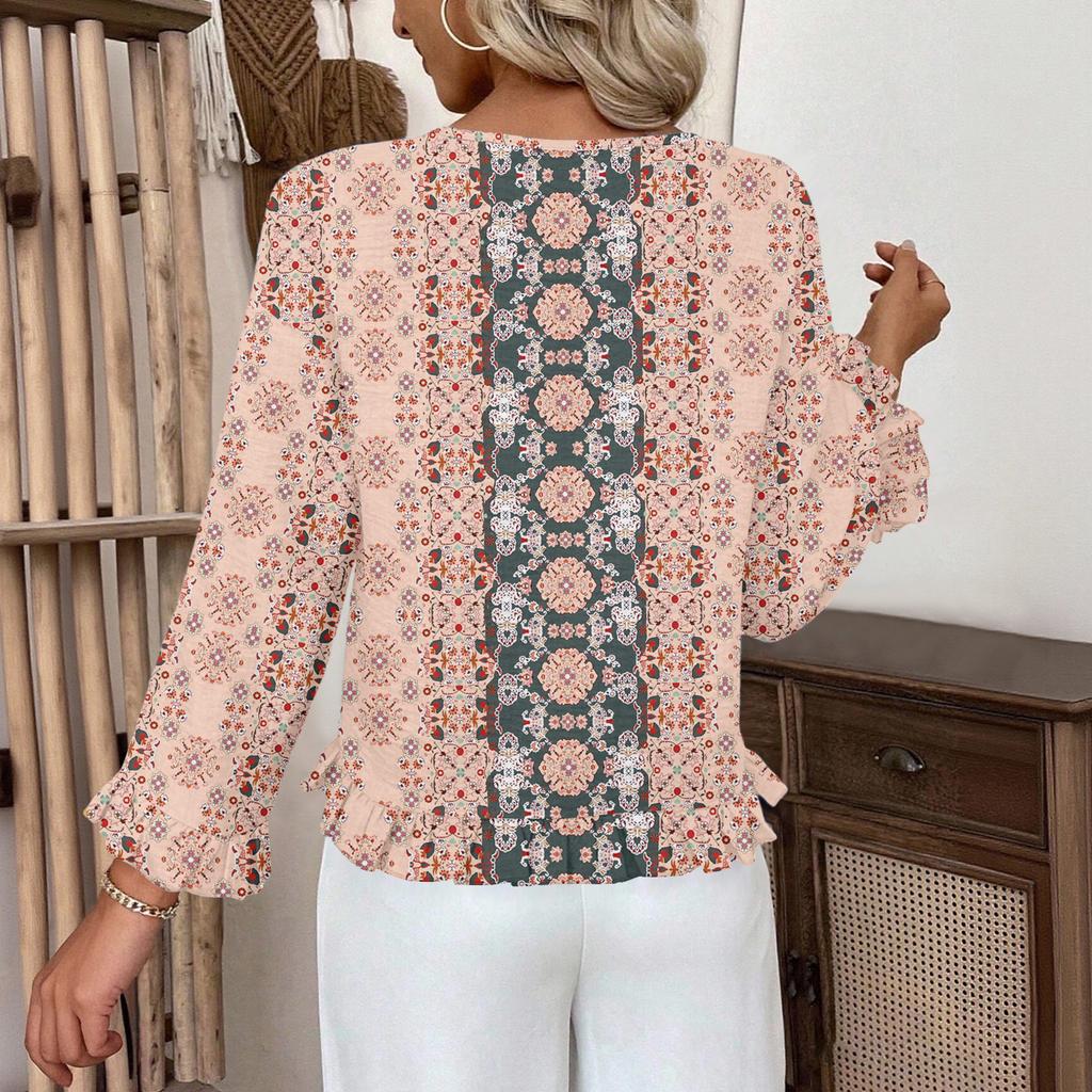 Women's Casual Fashion Ruffle V-Neck Pocket Retro Print Long Sleeve Top