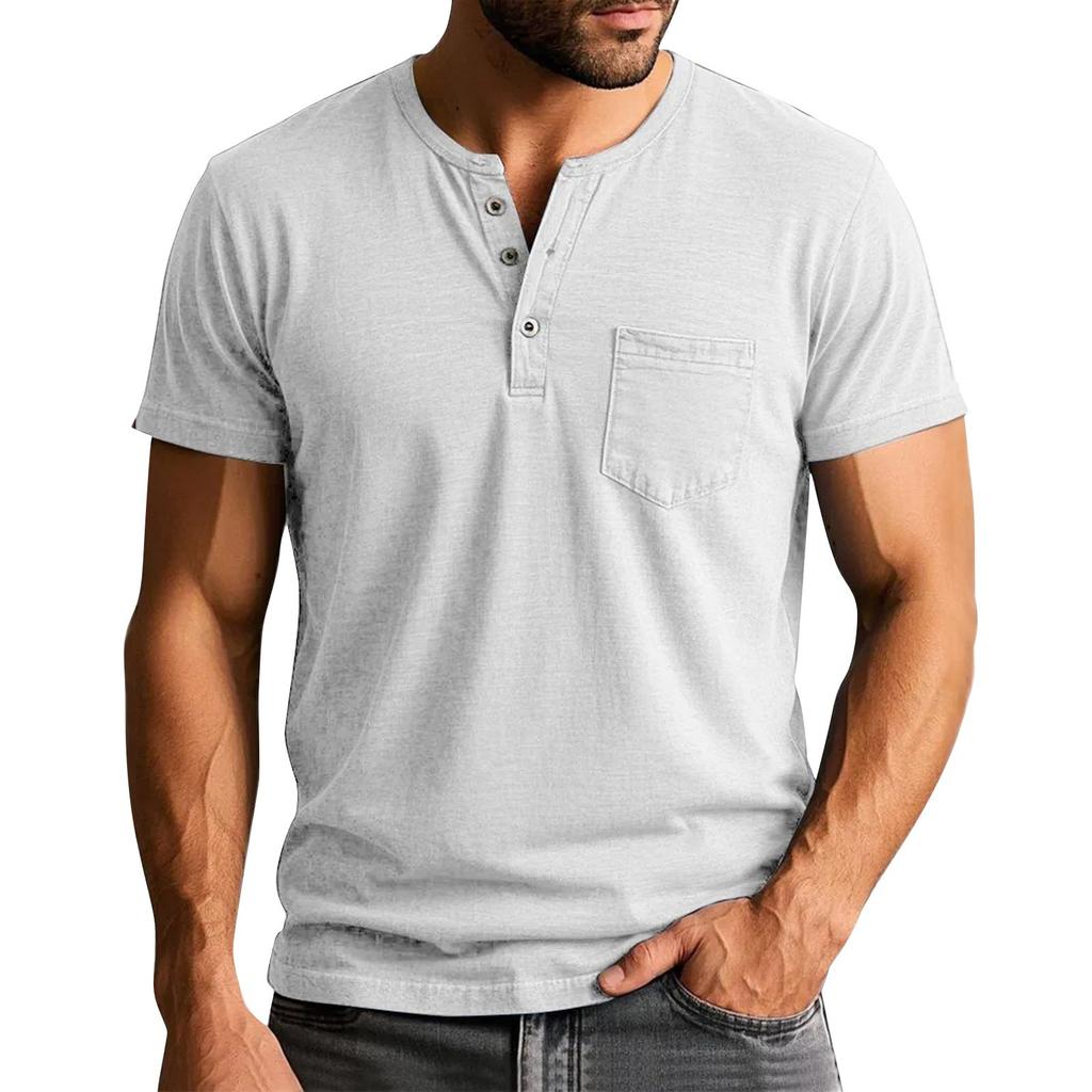 Men's Summer Solid Color Button Collar Short Sleeve Tops Men's Casual Loose Fashion Tops