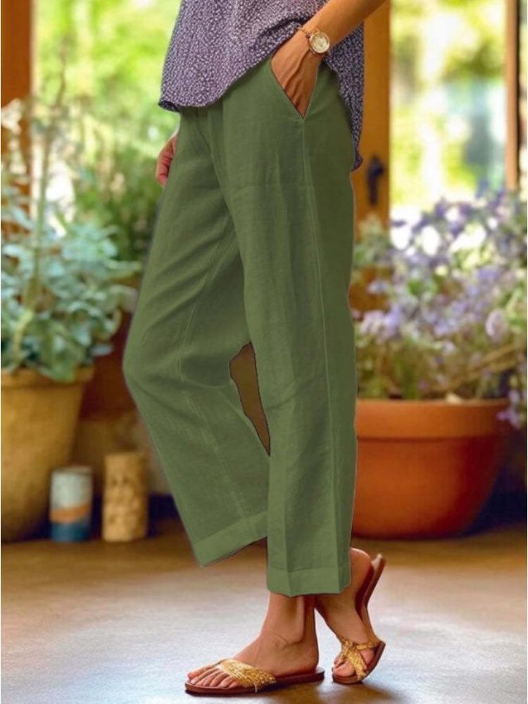 Women's Cotton and Linen Loose Solid Color Elastic Waist Pocket Straight Leg Casual Pants