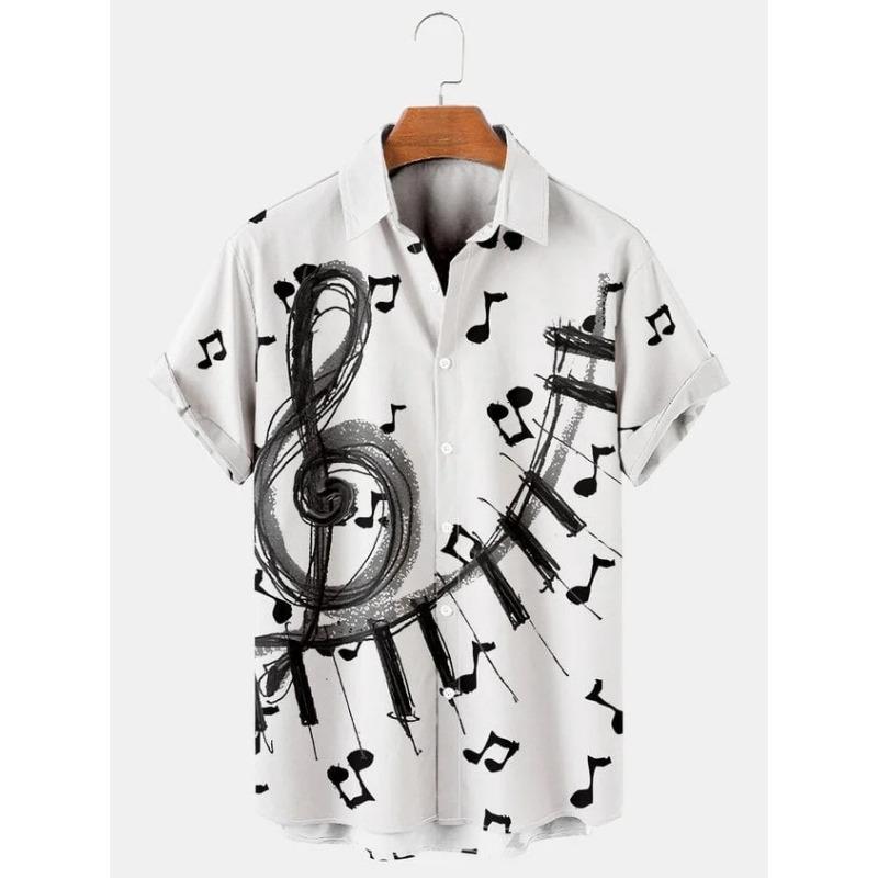 Men's Casual Shirt 3D Music Note Printed Hawaiian Men's Short Sleeve Lining