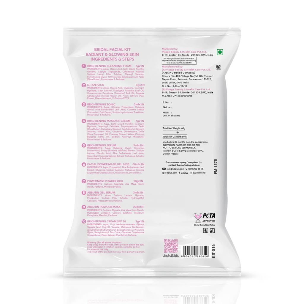 O3+ Bruids Gezichtsset voor Stralende & Gloeiende Huid met Hyaluronzuur, Glycolzuur en Niacinamide (60g+69ml)