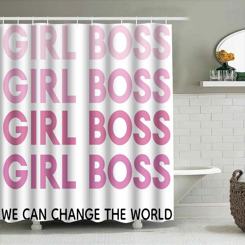 Ensemble Rideau de Douche Chic Fille Boss Pour Décor de Bain Design Typographie Rose Dégradé Matériau en Tissu Durable Avec Crochets Inclus