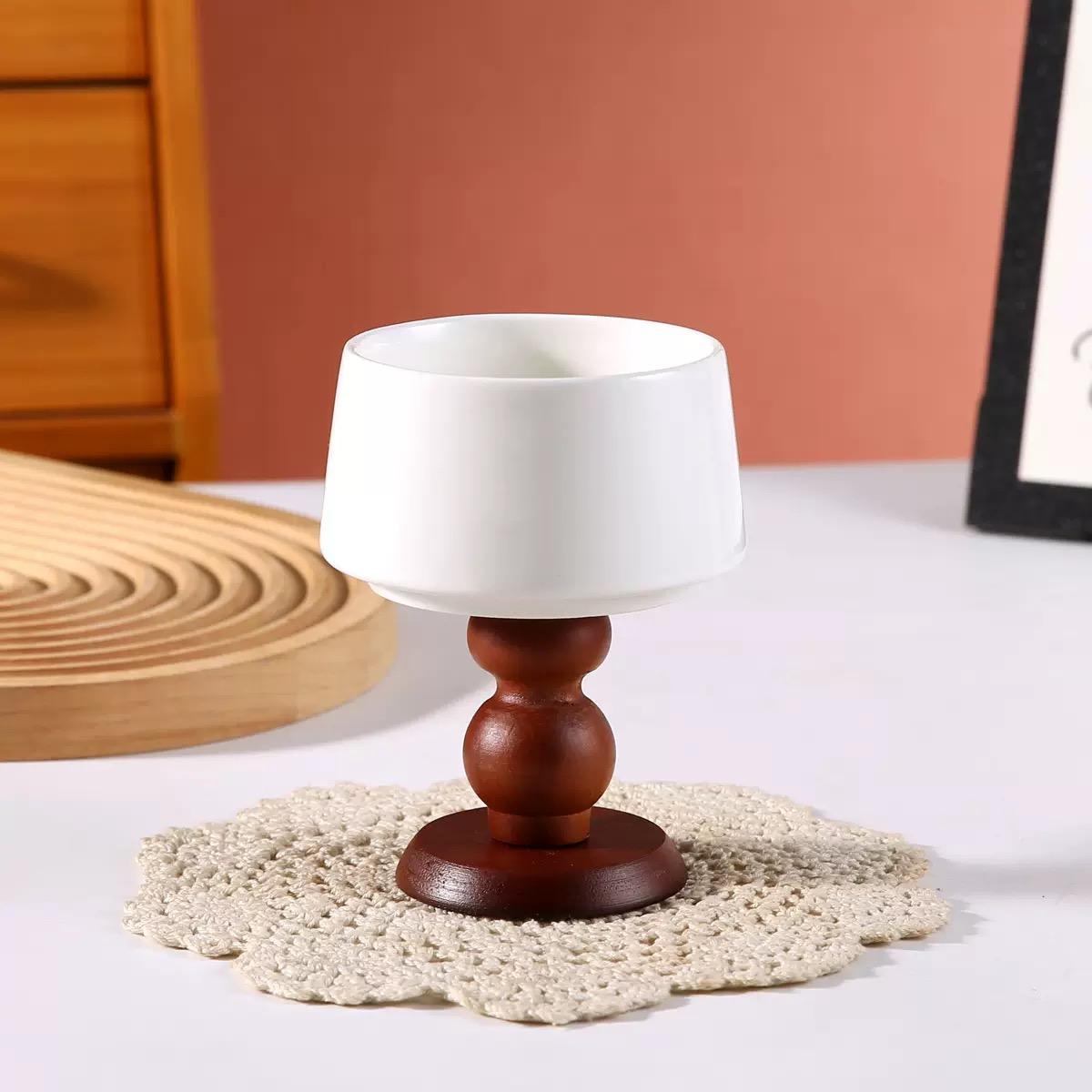 Ceramic Candle Jar With Wooden Base Luxury Candle Holder With Leg Aromatherapy Ceramic Jar Candle Empty Jar (Gray,8.9x12.7)