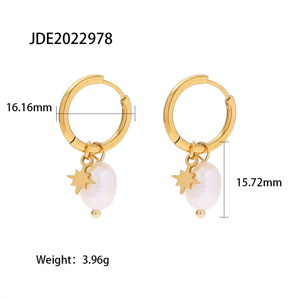 18k Natural Freshwater Pearl Star Pendant Hoop Earrings - Women's Fashion, Versatile, Gold-Plated Stainless Steel.