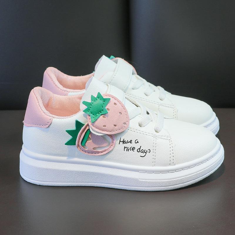 

Спортивная обувь для девочек 2025 весна новые маленькие белые туфли дышащие кожаные кеды на плоской подошве для детей среднего и старшего возраста и студентов, модные 26 розовый