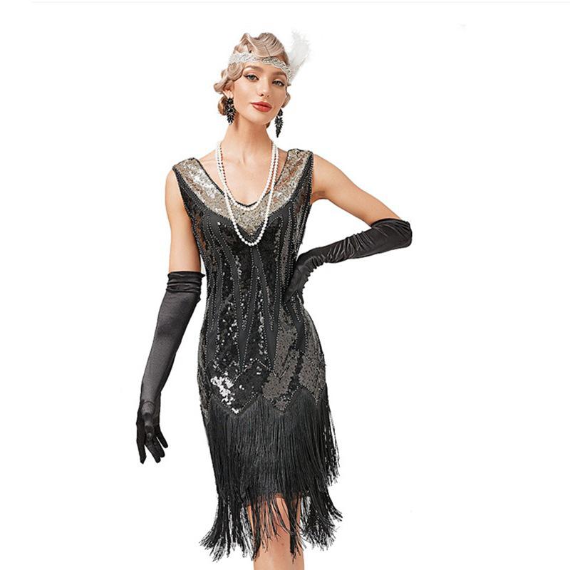 1920s Vintage V-neck Sequin Tassel Dress for Gatsby Banquet and Latin Dance Large