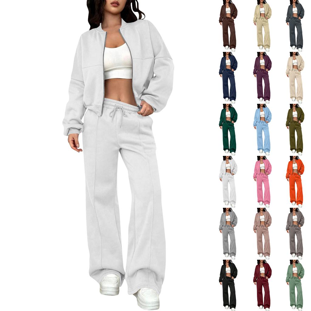 Women's Daily Solid Color Cardigan Zipper Slim Fit Elastic Long Sleeved Two-piece Set