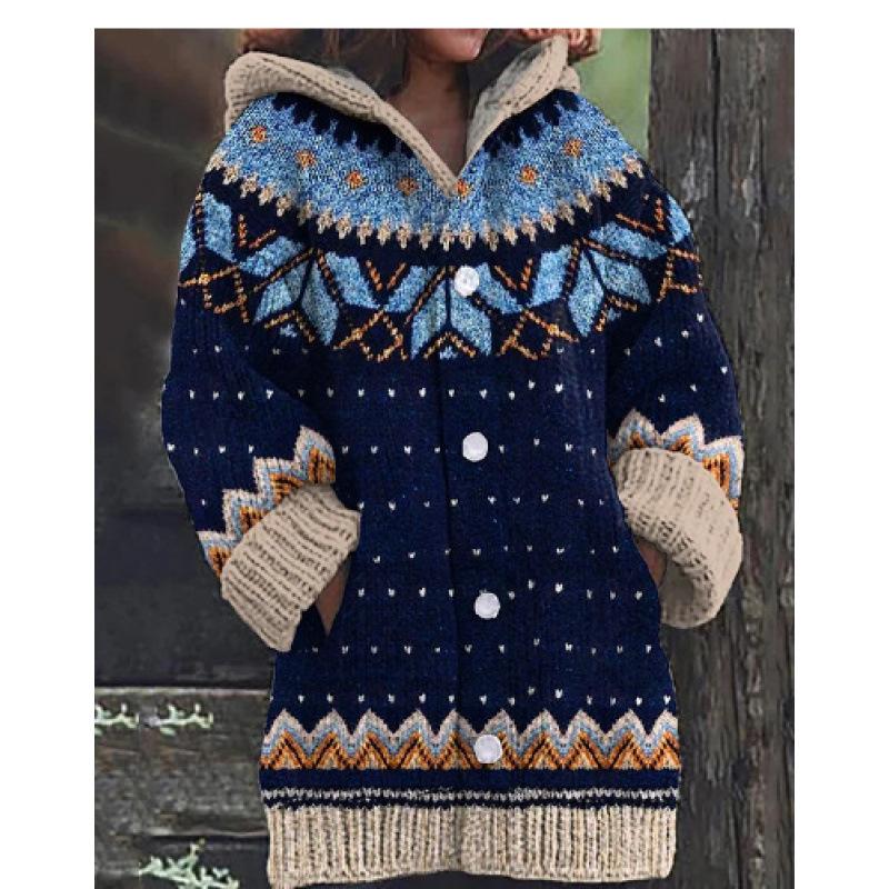 Damen Strickjacke mit Kapuze 3D Tierdruck Einreiher Langarm Mantel mit Taschen