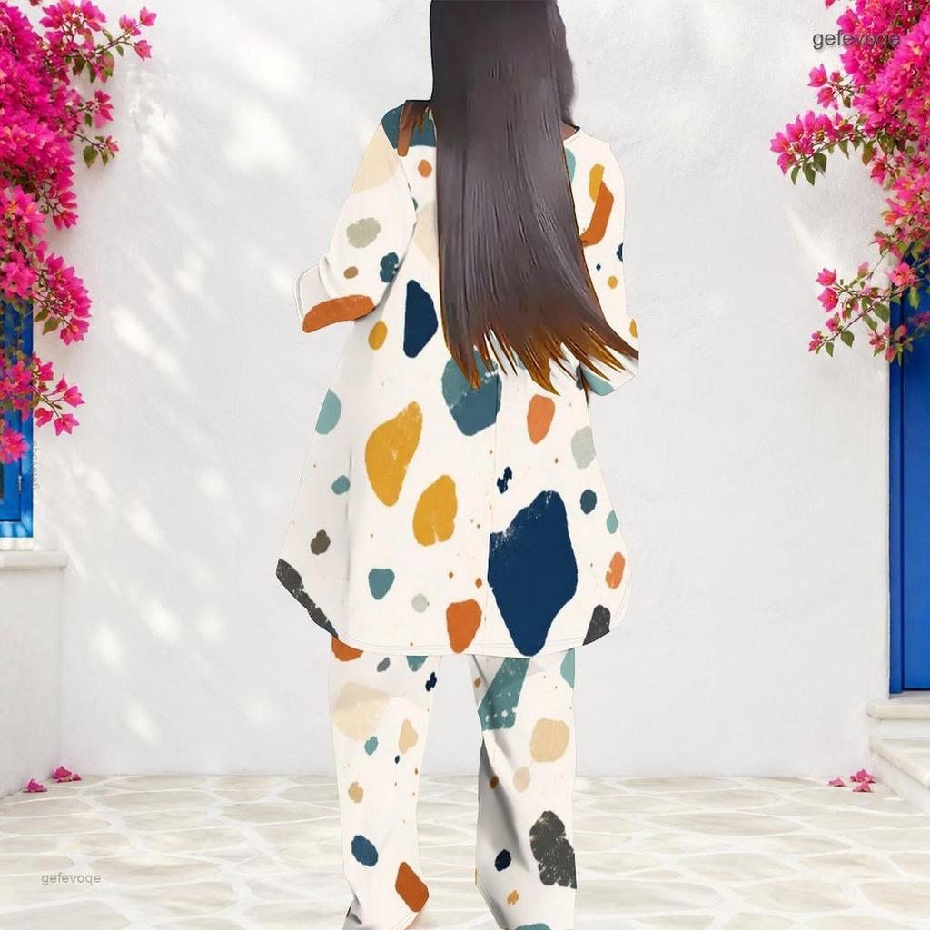 Women Plus Size Geometric Printed Round Neck 3 4 Sleeve Layered Top Long Pants Two Piece Set
