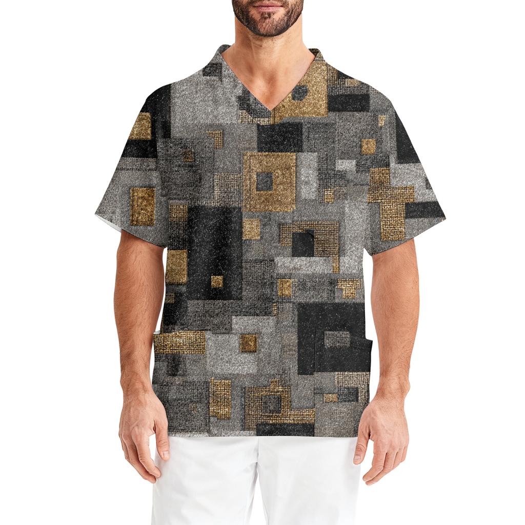 Men's Printing Short Sleeve V-neck Working Blouse Chest Pocket Carer Top