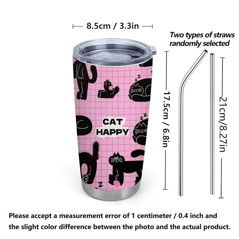 Car Tumbler 591ml(1 Random Straw Included)Multi-Pose Pink Plaid Black Cat MotifVacuum Insulated Cup Large Iced Cup Creative Gift Cup