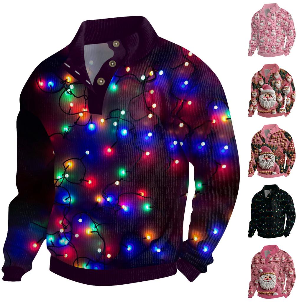 Men's Christmas Cotton Pullover Long Sleeve Outdoor Shirt Vintage Corduroy Button Stand Collar Shirt Casual Sweatshirt Christmas Print Top