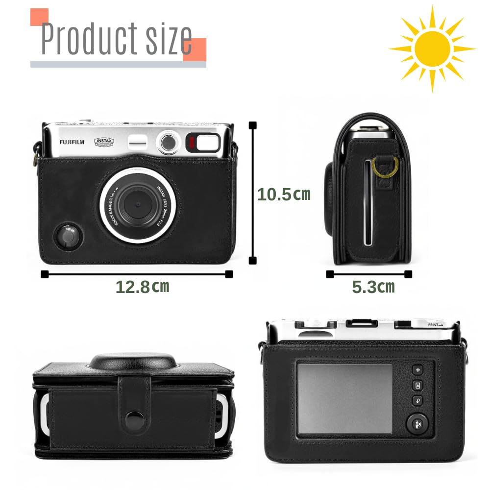 Instax Mini Evo Case with PU Leather and Magnetic Snap Shoulder Strap (Black)