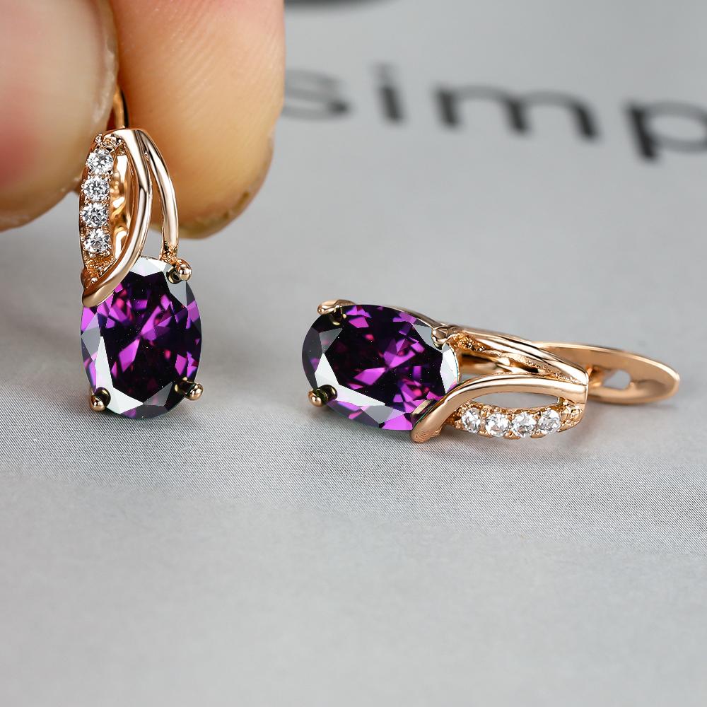 Crystal Purple Oval Stone Rose Gold Color Wedding Hoop Earrings For Women