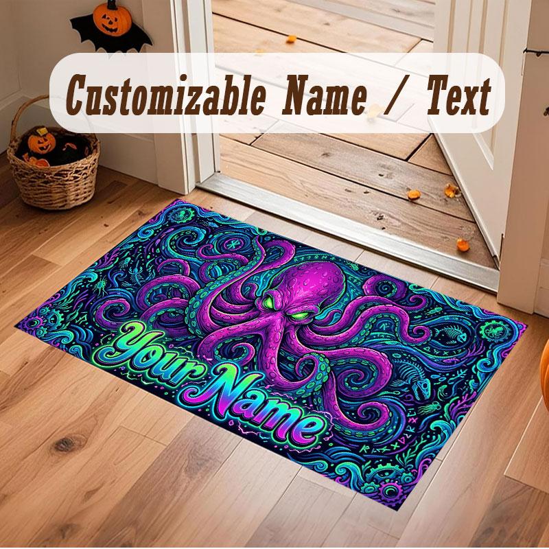 Octopus Sea Life Theme Crystal Velvet Floor Rug Personalized Custom Name Text Warm Carpet Home Decoration