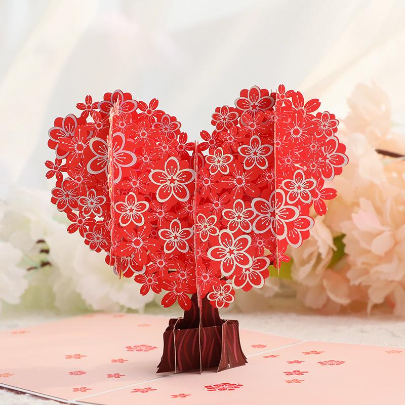 3D Valentine's Day Cherry Blossom Heart Greeting Card - Christmas Blessing & Thank You Message