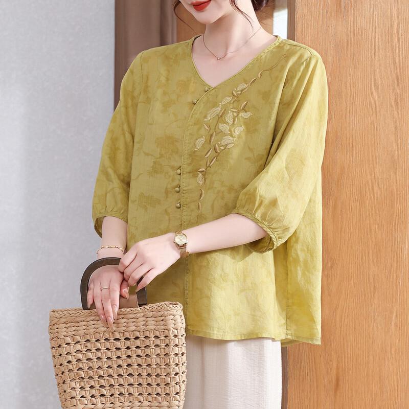 Women s Embroidered 100% Ramie Loose Summer T-Shirt 2XL