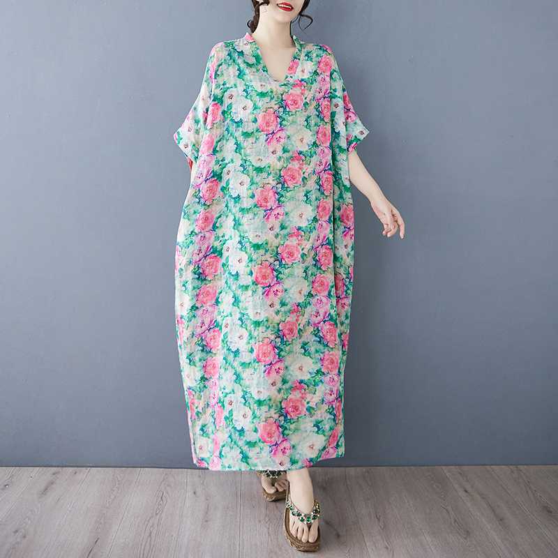 Summer Color Travel V-neck Retro Long Skirt Cotton Linen Dress