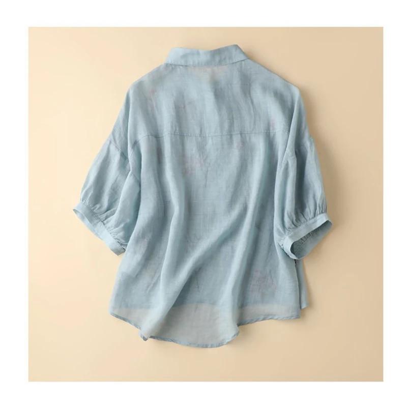 Summer Seven Point Cotton Linen Embroidered Shirt for Women Literary Loose Temperament Lapel Casual for Women