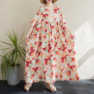 DIMANAF 2024 Plus Size Dress New Summer Basic Loose Women O-Neck Vintage Short Sleeve Big Size Beach Long Dress