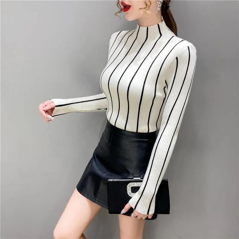 2025 Autumn Winter New Slim Tight Knitted Top Half-high Collar Vertical Striped Base Sweater for Women