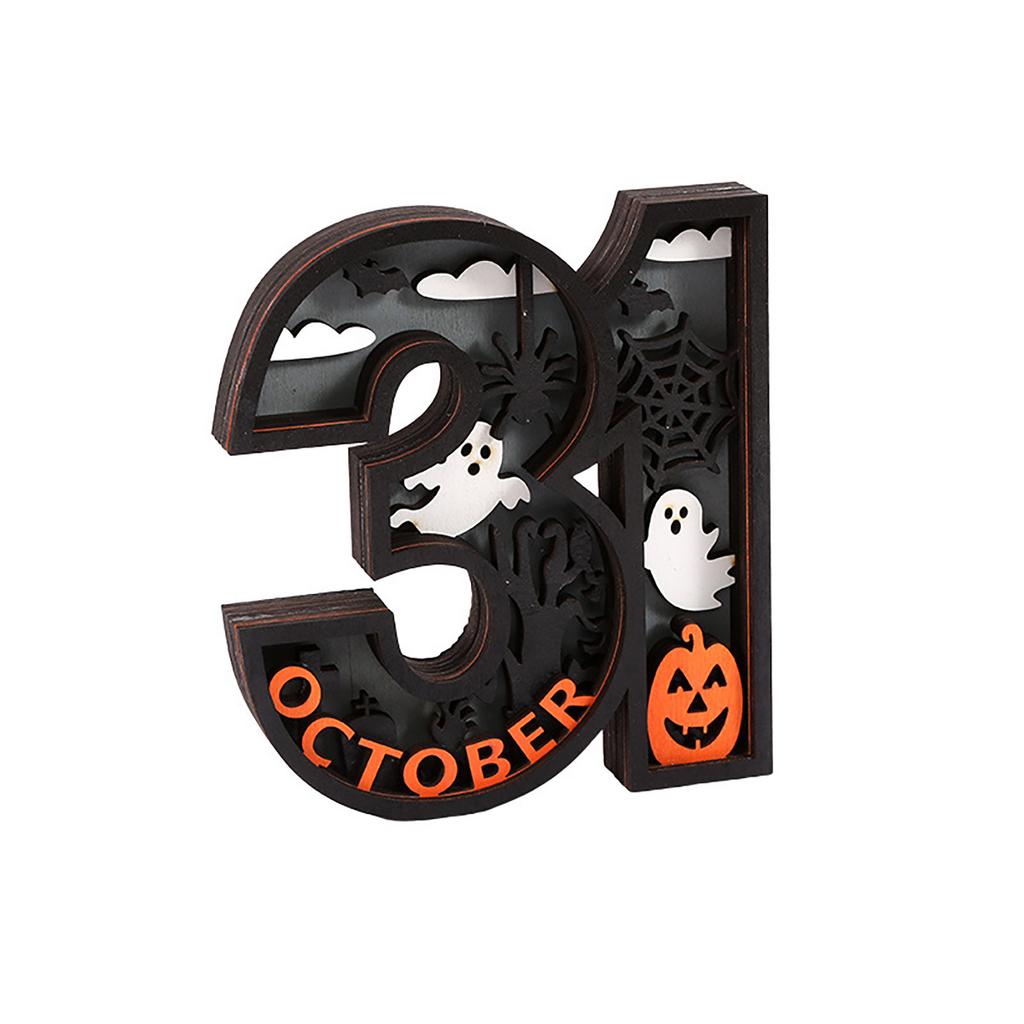 Wooden Halloween Decorative Night Light Sign with 3D Carved Pumpkin Ghost and Haunted House Design for Seasonal Indoor Display