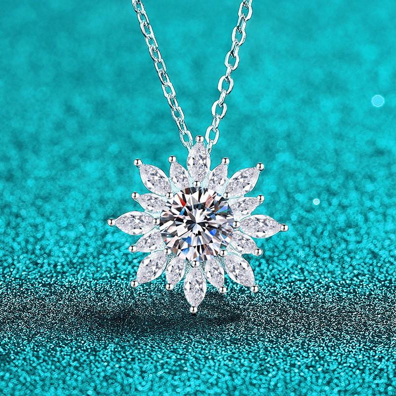 Sterling Sunflower Pendant Necklace Women CZ Moissanite Floral Choker Minimalist Elegant Layered Chain Jewelry