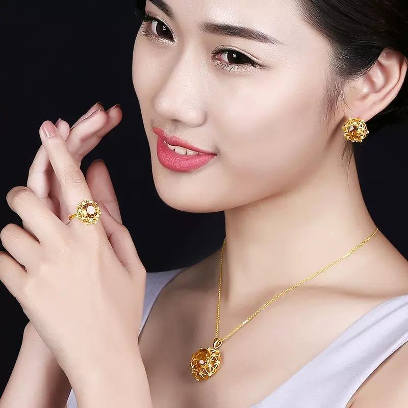 2025 Natural Yellow Crystal Ring, Bird's Nest Design Yellow Diamond Pendant, Colorful Treasure Earnail Jewelry Set