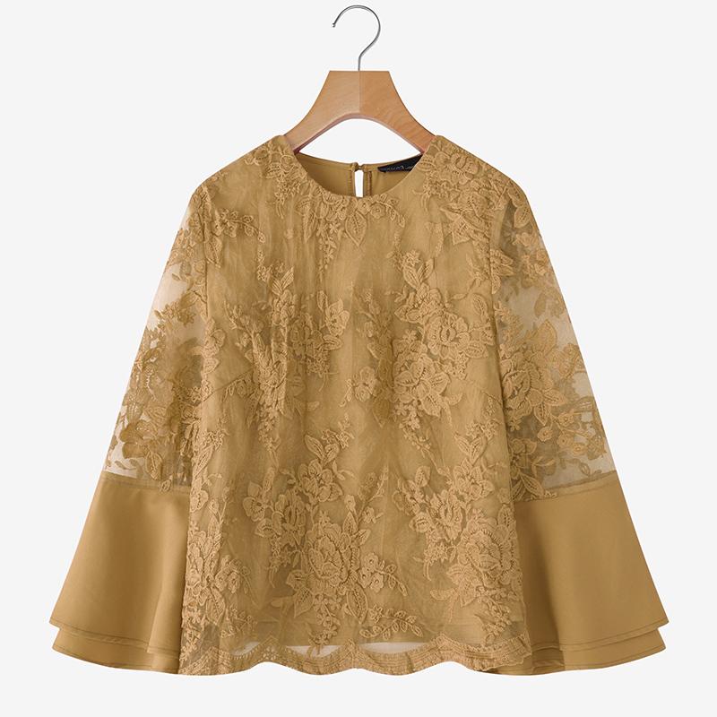 

ZANZEA Женская повседневная блузка с круглым вырезом, свободного кроя, с кружевной отделкой, рукава 3/4 5XL хаки