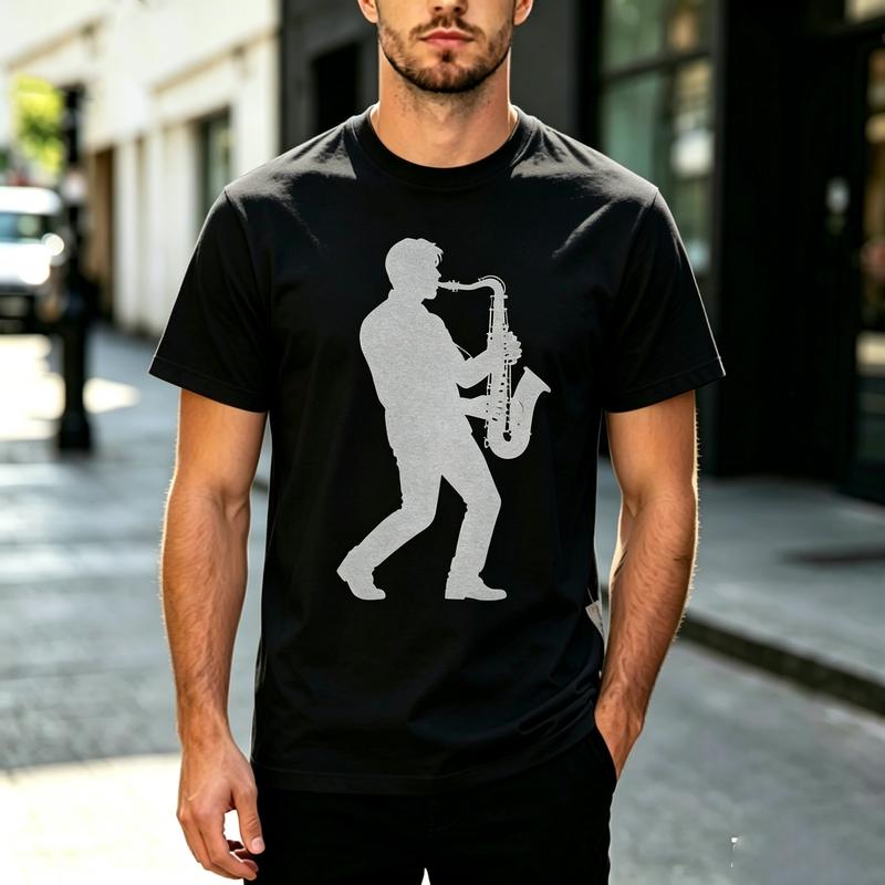Vintage Jazz Music Saxophone Player Silhouette Print Unisex Short Sleeve T Shirt Cotton Summer Streetwear Casual Tee