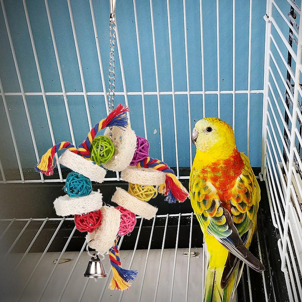 Bird Playing Toys Loofah Sponge Cotton Rope Hanging Parrot Rattan Biting Chewing Standing Rack Toy