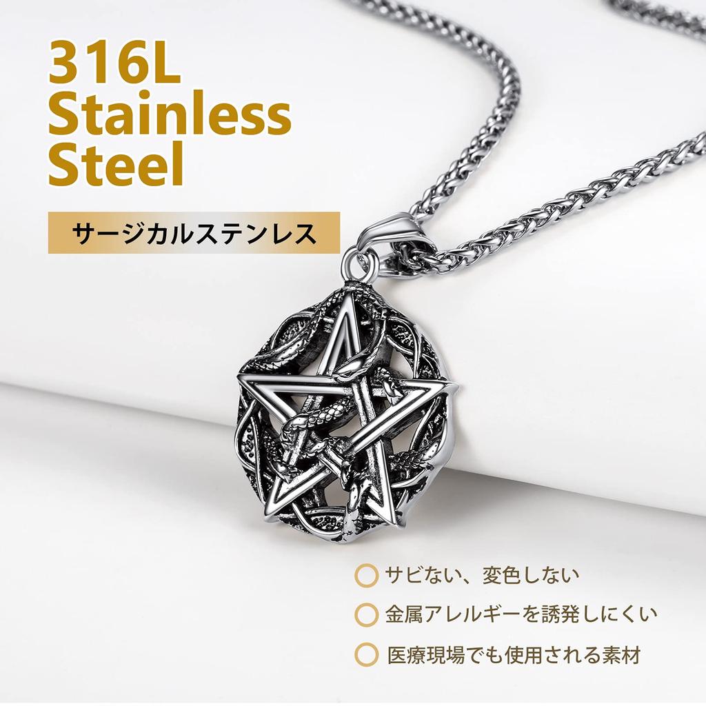 Richsteel Men's Stainless Steel Antique-Style Pentagram Snake Necklace Pendant, Hypoallergenic, Good Fortune Charm, Accessory