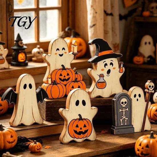 Lightweight Halloween Party Supplies Cute Ghost Sign, Pumpkin Tombstone Wooden Plaque Reusable Autumn Seasonal Accents for Tiered Tray Decor,